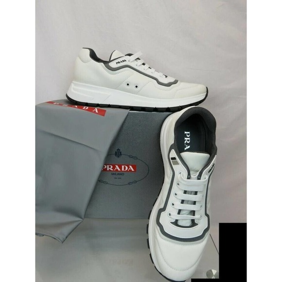 NIB PRADA 4E3382 WHITE NYLON GRAY GABARDINE LOGO PLATFORM SNEAKERS 8.5 / US 9.5 main image 9